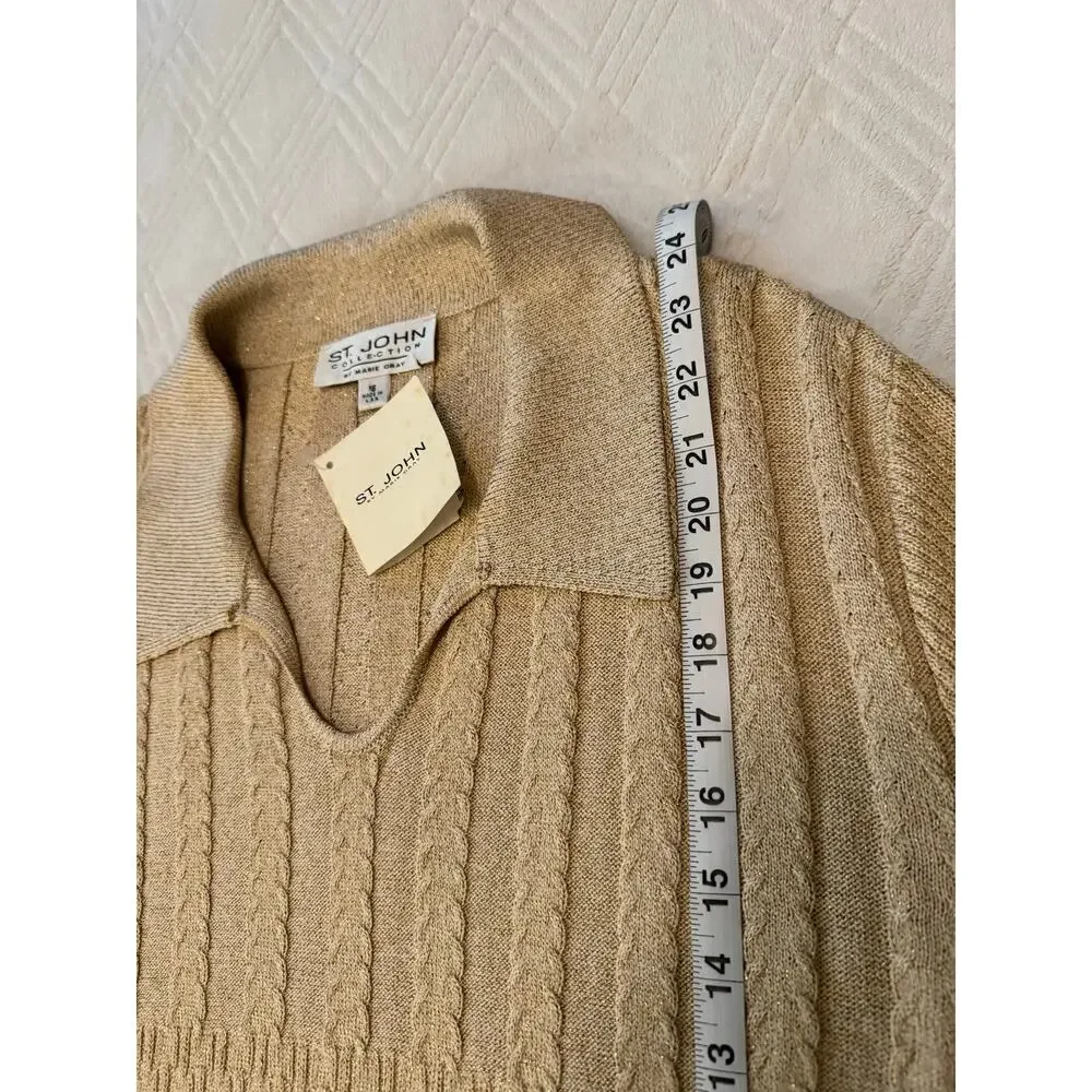 NWT VTG ST. JOHN COLLECTION Marie Gray Gold Metallic Knit Polo Sweater 90s S 16✨